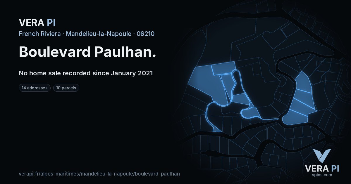 Boulevard Paulhan, Mandelieu-la-Napoule at night – every parcel coloured by the prices around it, the street's own parcels lit
