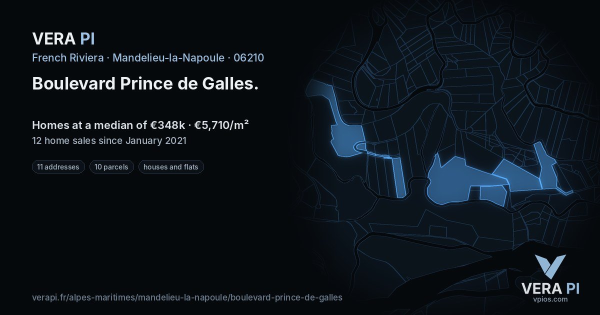 Boulevard Prince de Galles, Mandelieu-la-Napoule at night – every parcel coloured by the prices around it, the street's own parcels lit
