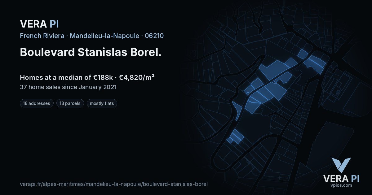 Boulevard Stanislas Borel, Mandelieu-la-Napoule at night – every parcel coloured by the prices around it, the street's own parcels lit