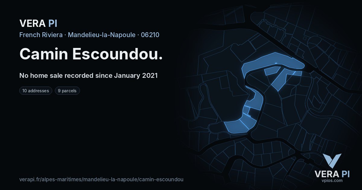 Camin Escoundou, Mandelieu-la-Napoule at night – every parcel coloured by the prices around it, the street's own parcels lit