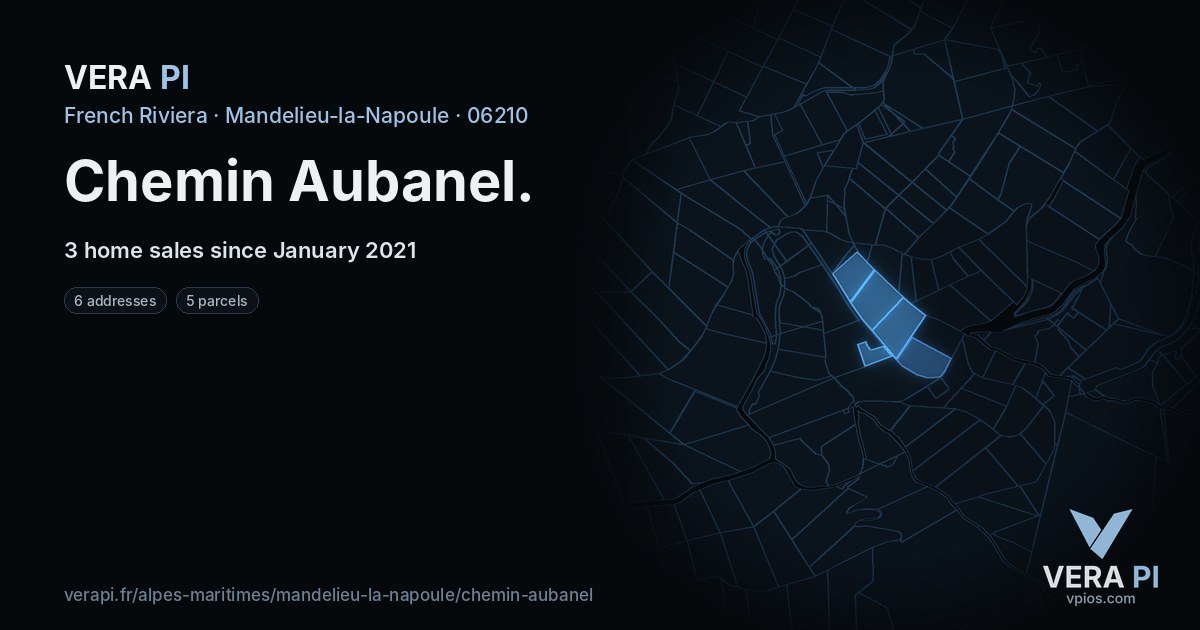 Chemin Aubanel, Mandelieu-la-Napoule at night – every parcel coloured by the prices around it, the street's own parcels lit