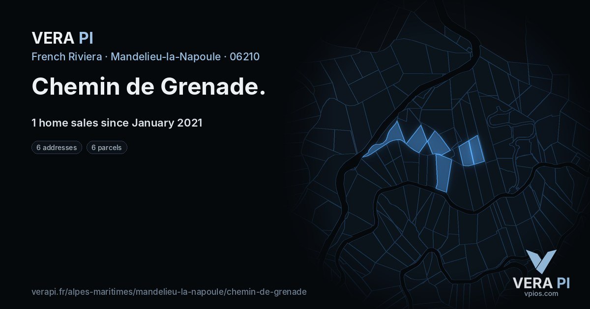 Chemin de Grenade, Mandelieu-la-Napoule at night – every parcel coloured by the prices around it, the street's own parcels lit