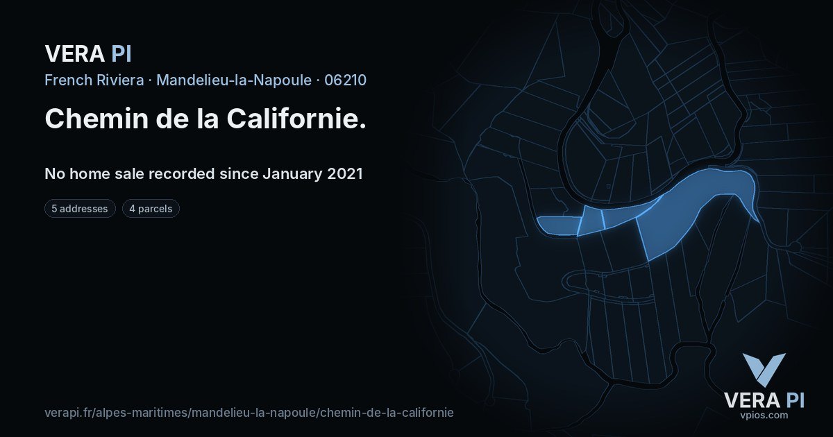 Chemin de la Californie, Mandelieu-la-Napoule at night – every parcel coloured by the prices around it, the street's own parcels lit