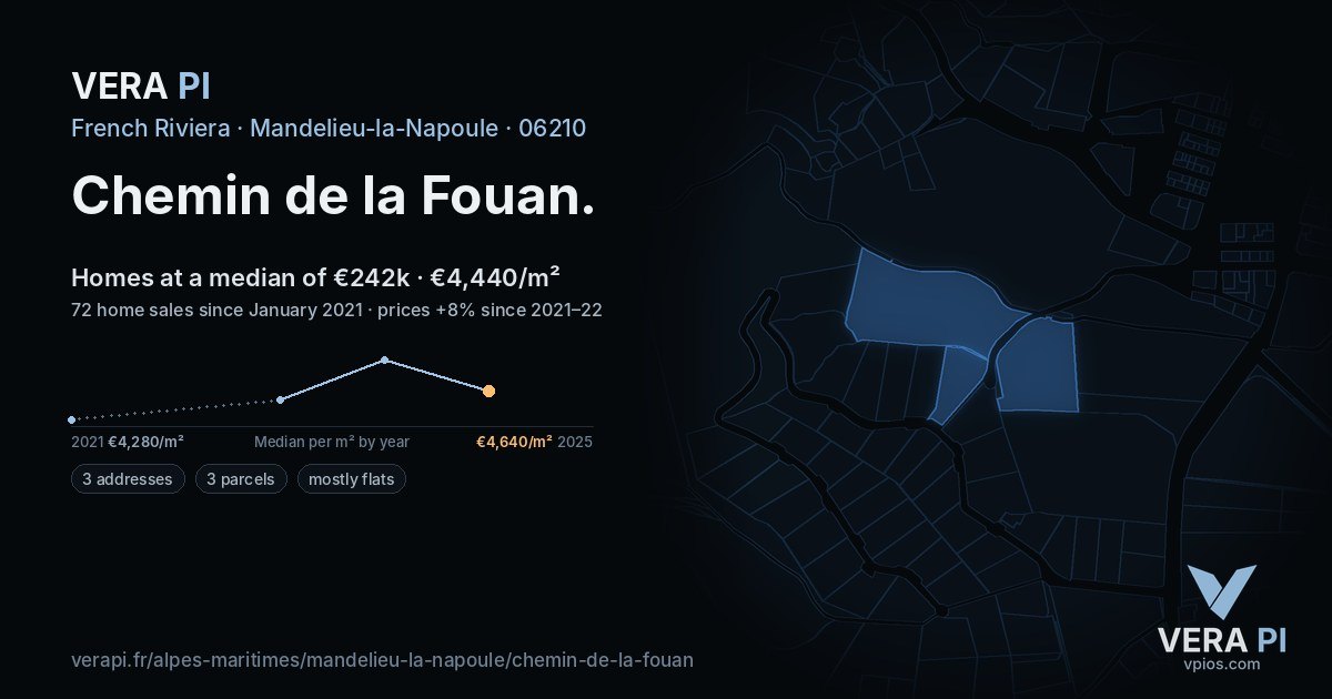 Chemin de la Fouan, Mandelieu-la-Napoule at night – every parcel coloured by the prices around it, the street's own parcels lit