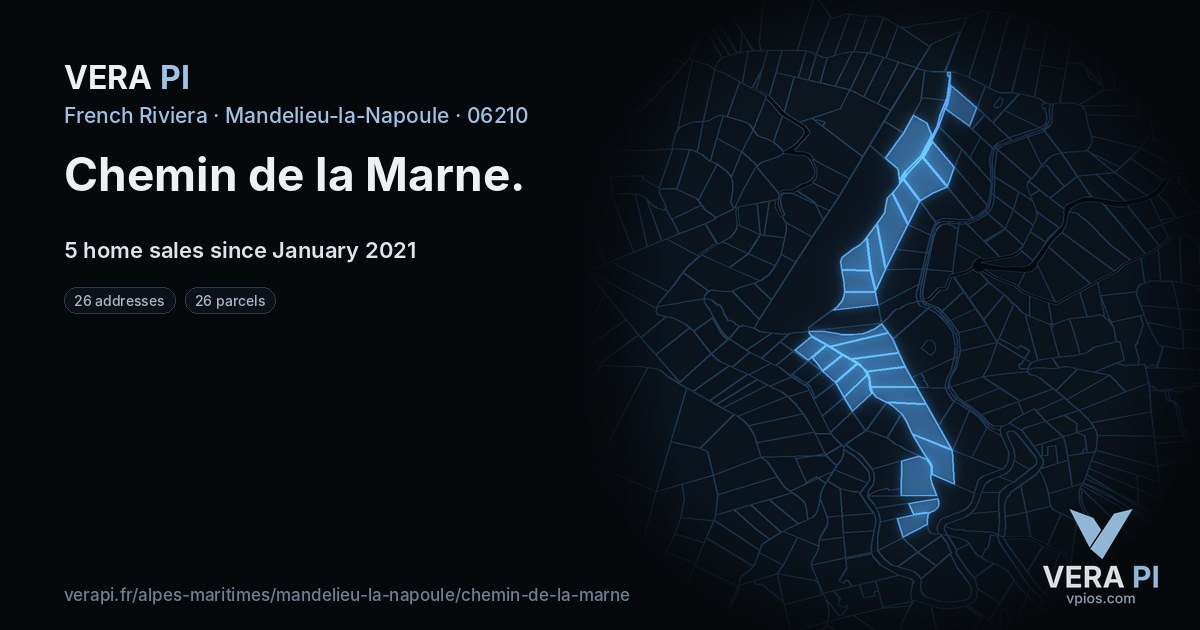 Chemin de la Marne, Mandelieu-la-Napoule at night – every parcel coloured by the prices around it, the street's own parcels lit
