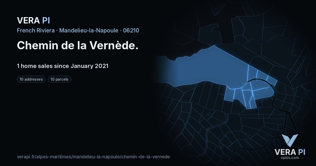 Chemin de la Vernède, Mandelieu-la-Napoule at night – every parcel coloured by the prices around it, the street's own parcels lit