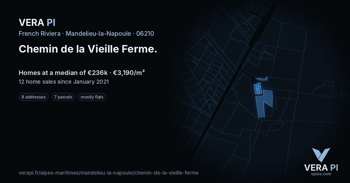 Chemin de la Vieille Ferme, Mandelieu-la-Napoule at night – every parcel coloured by the prices around it, the street's own parcels lit