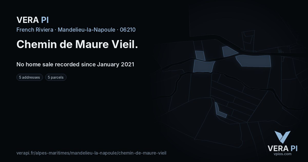 Chemin de Maure Vieil, Mandelieu-la-Napoule at night – every parcel coloured by the prices around it, the street's own parcels lit