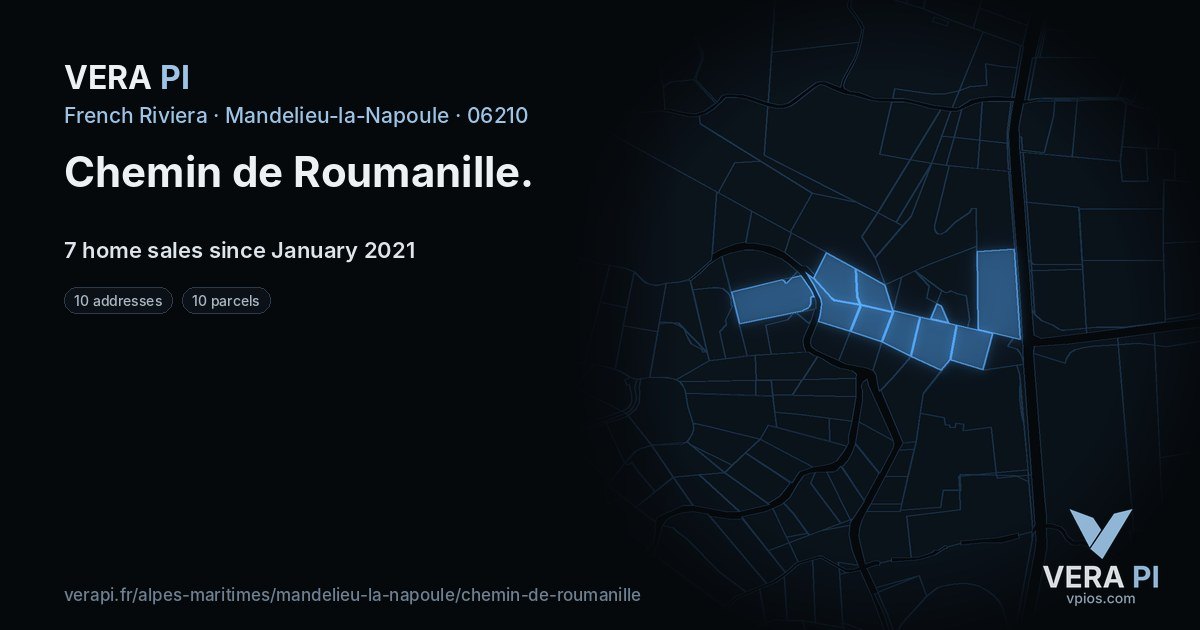 Chemin de Roumanille, Mandelieu-la-Napoule at night – every parcel coloured by the prices around it, the street's own parcels lit