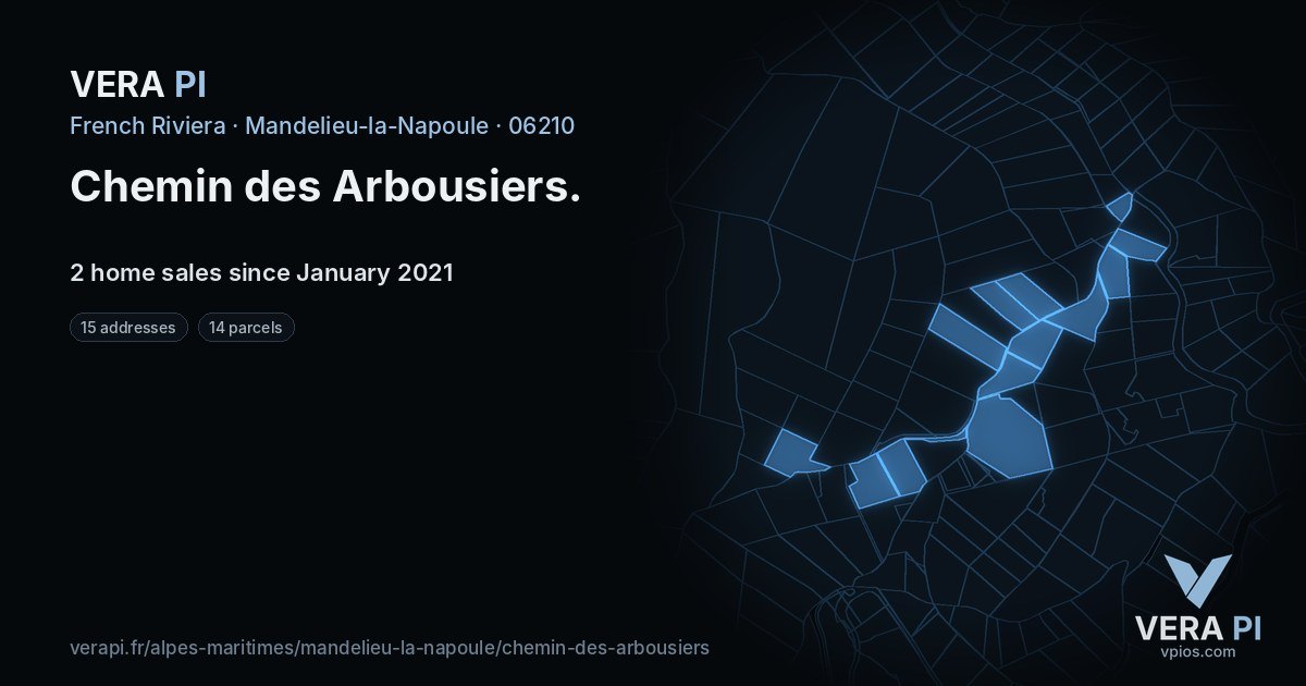 Chemin des Arbousiers, Mandelieu-la-Napoule at night – every parcel coloured by the prices around it, the street's own parcels lit