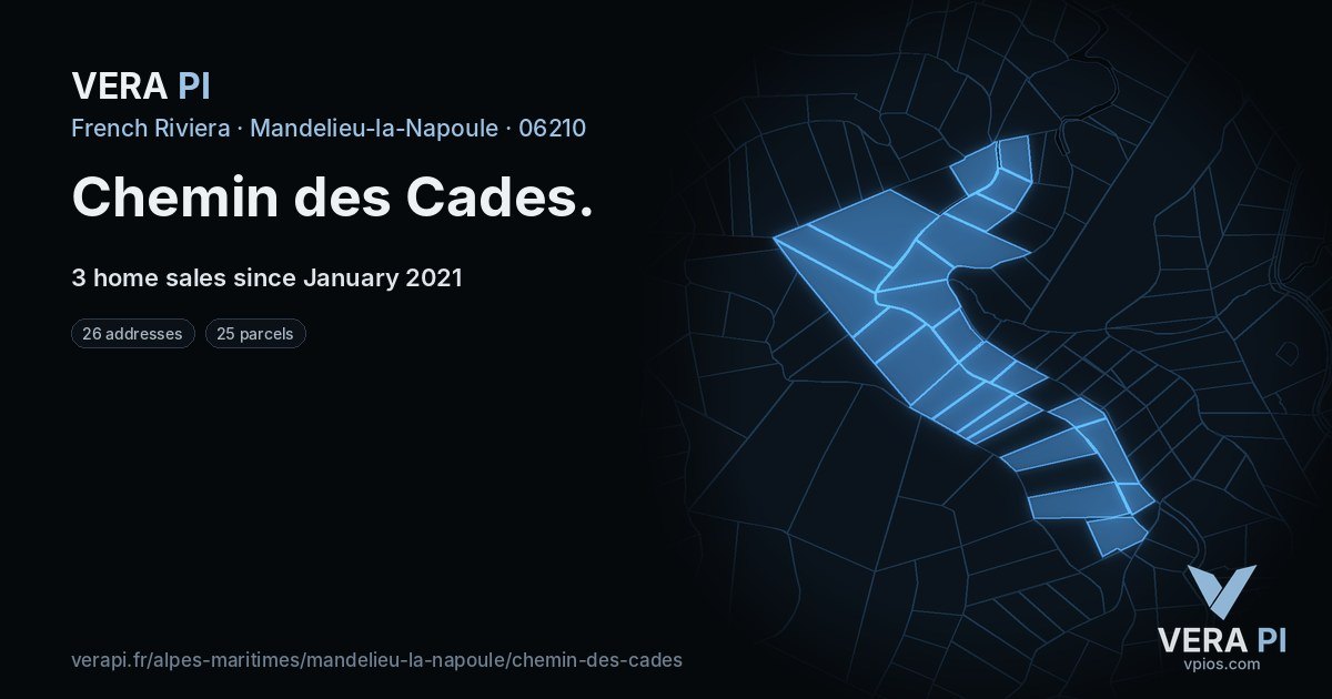 Chemin des Cades, Mandelieu-la-Napoule at night – every parcel coloured by the prices around it, the street's own parcels lit