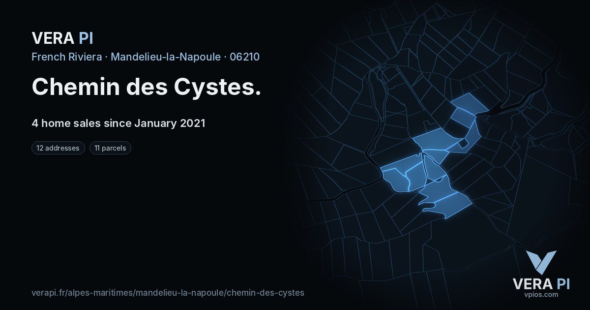 Chemin des Cystes, Mandelieu-la-Napoule at night – every parcel coloured by the prices around it, the street's own parcels lit