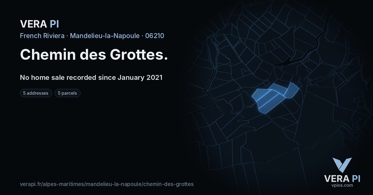 Chemin des Grottes, Mandelieu-la-Napoule at night – every parcel coloured by the prices around it, the street's own parcels lit