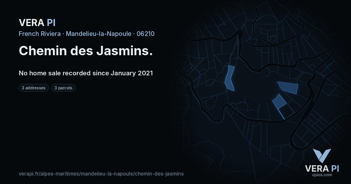 Chemin des Jasmins, Mandelieu-la-Napoule at night – every parcel coloured by the prices around it, the street's own parcels lit