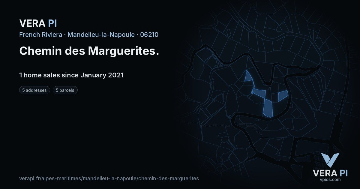 Chemin des Marguerites, Mandelieu-la-Napoule at night – every parcel coloured by the prices around it, the street's own parcels lit