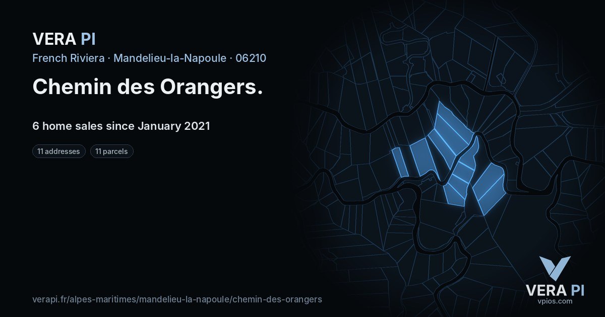 Chemin des Orangers, Mandelieu-la-Napoule at night – every parcel coloured by the prices around it, the street's own parcels lit