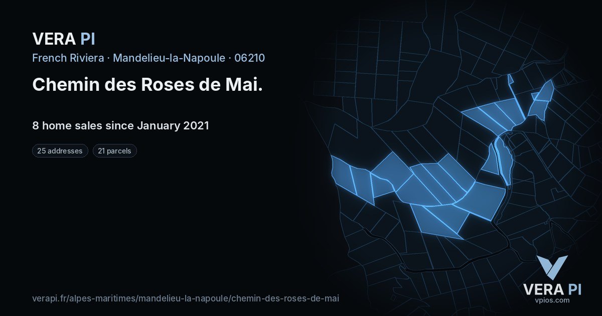 Chemin des Roses de Mai, Mandelieu-la-Napoule at night – every parcel coloured by the prices around it, the street's own parcels lit