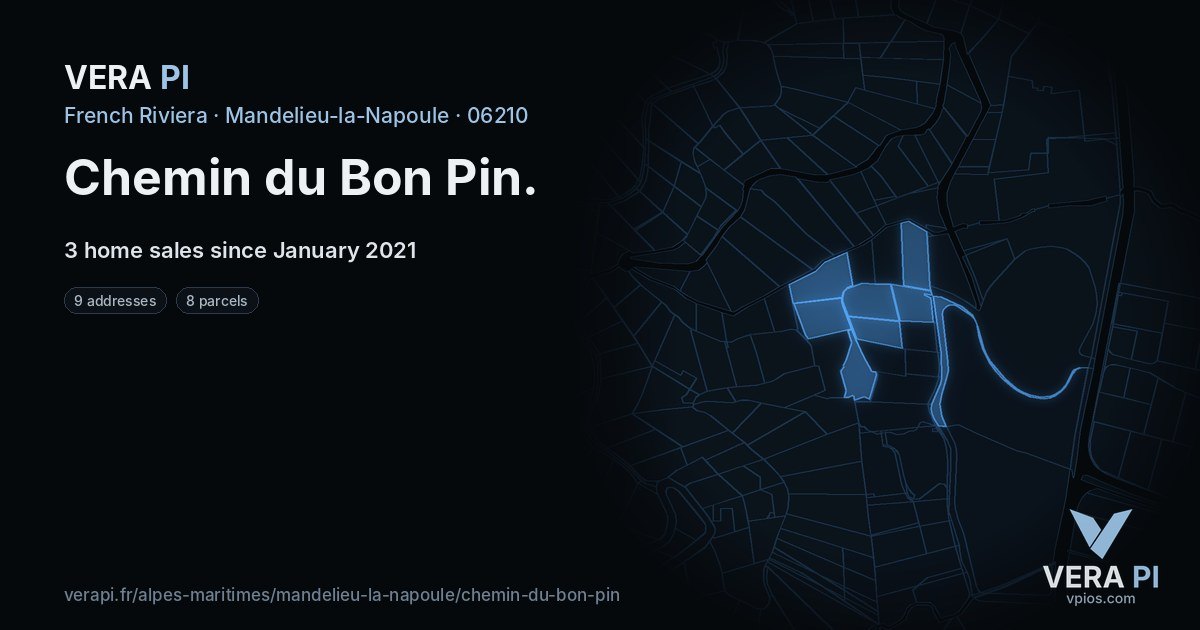 Chemin du Bon Pin, Mandelieu-la-Napoule at night – every parcel coloured by the prices around it, the street's own parcels lit