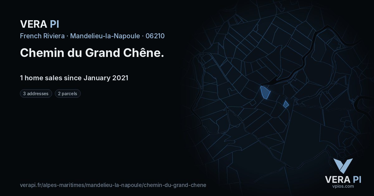 Chemin du Grand Chêne, Mandelieu-la-Napoule at night – every parcel coloured by the prices around it, the street's own parcels lit