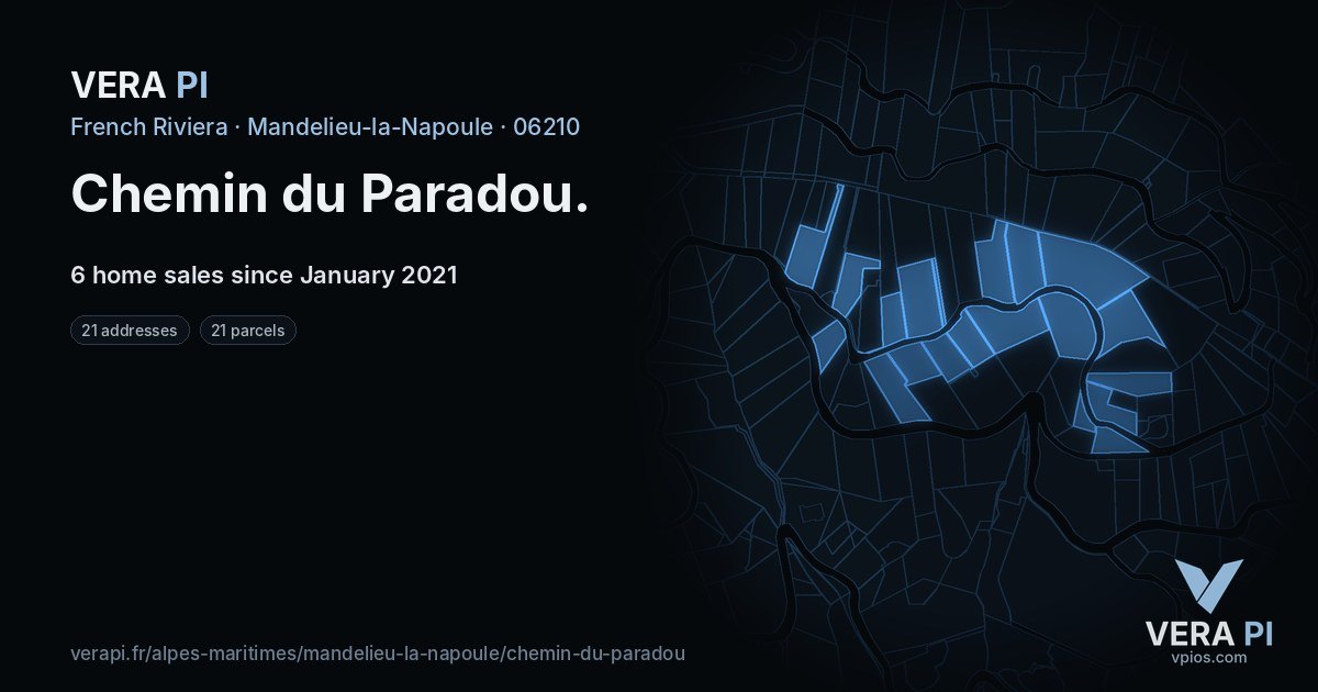 Chemin du Paradou, Mandelieu-la-Napoule at night – every parcel coloured by the prices around it, the street's own parcels lit