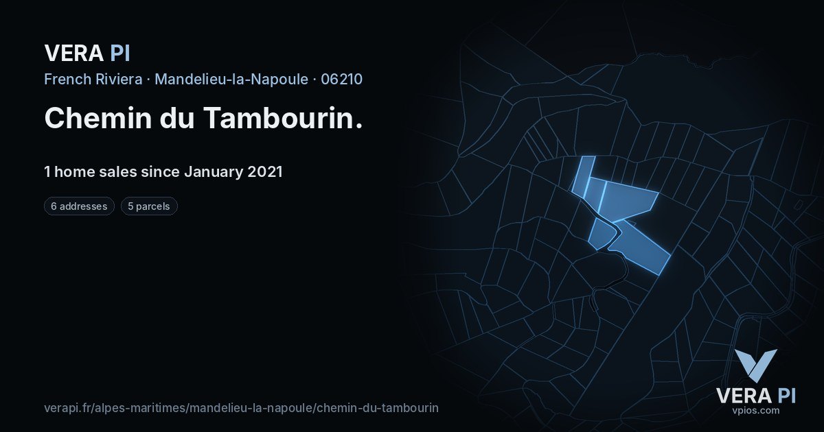 Chemin du Tambourin, Mandelieu-la-Napoule at night – every parcel coloured by the prices around it, the street's own parcels lit