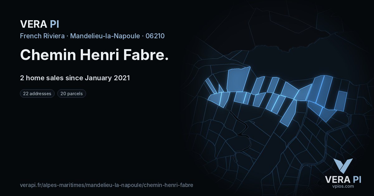 Chemin Henri Fabre, Mandelieu-la-Napoule at night – every parcel coloured by the prices around it, the street's own parcels lit