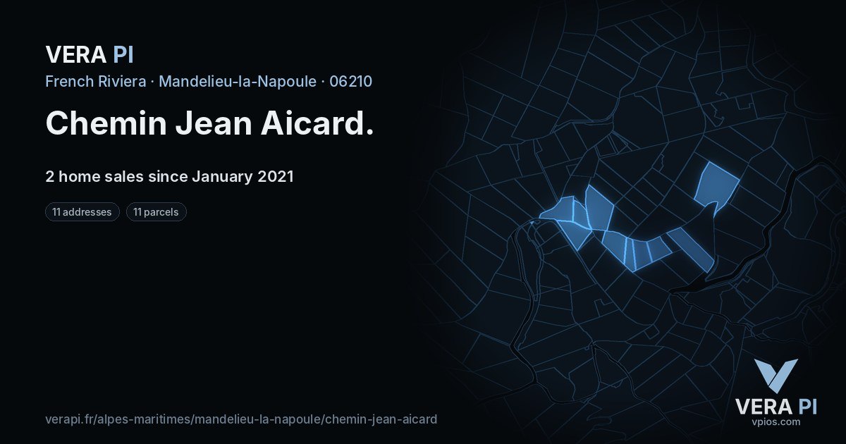 Chemin Jean Aicard, Mandelieu-la-Napoule at night – every parcel coloured by the prices around it, the street's own parcels lit