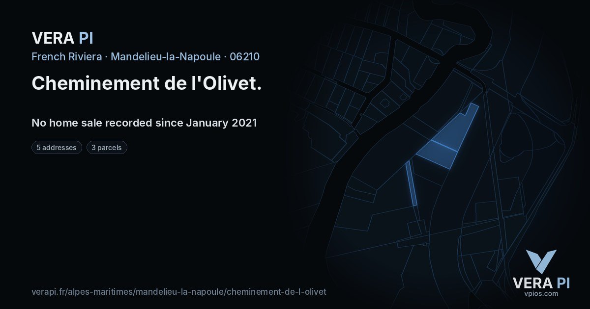 Cheminement de l'Olivet, Mandelieu-la-Napoule at night – every parcel coloured by the prices around it, the street's own parcels lit