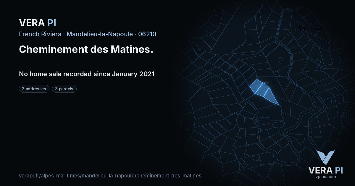 Cheminement des Matines, Mandelieu-la-Napoule at night – every parcel coloured by the prices around it, the street's own parcels lit