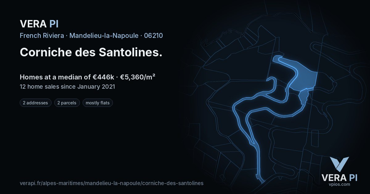 Corniche des Santolines, Mandelieu-la-Napoule at night – every parcel coloured by the prices around it, the street's own parcels lit
