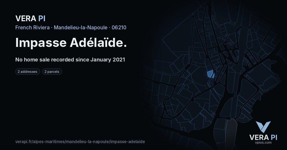 Impasse Adélaïde, Mandelieu-la-Napoule at night – every parcel coloured by the prices around it, the street's own parcels lit