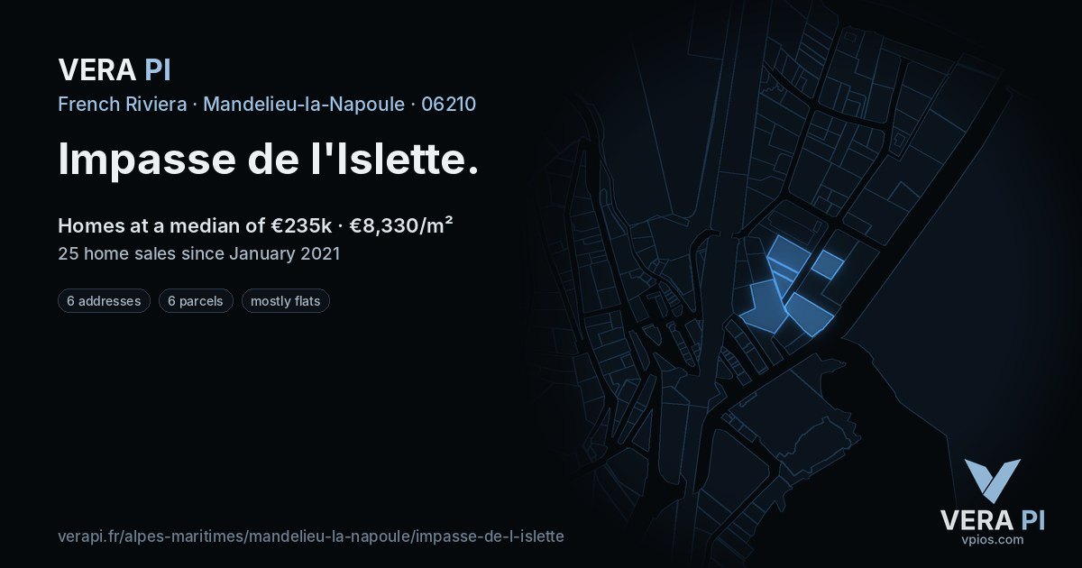 Impasse de l'Islette, Mandelieu-la-Napoule at night – every parcel coloured by the prices around it, the street's own parcels lit