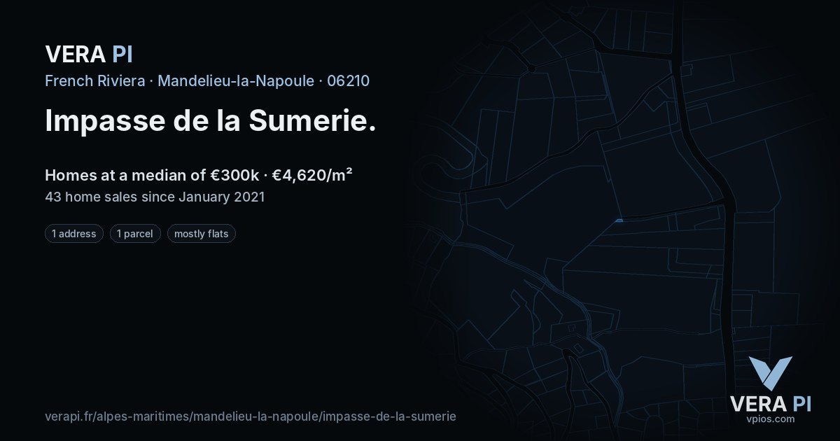 Impasse de la Sumerie, Mandelieu-la-Napoule at night – every parcel coloured by the prices around it, the street's own parcels lit