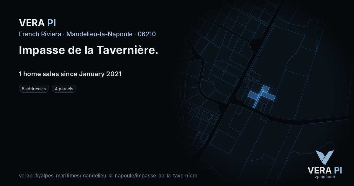Impasse de la Tavernière, Mandelieu-la-Napoule at night – every parcel coloured by the prices around it, the street's own parcels lit