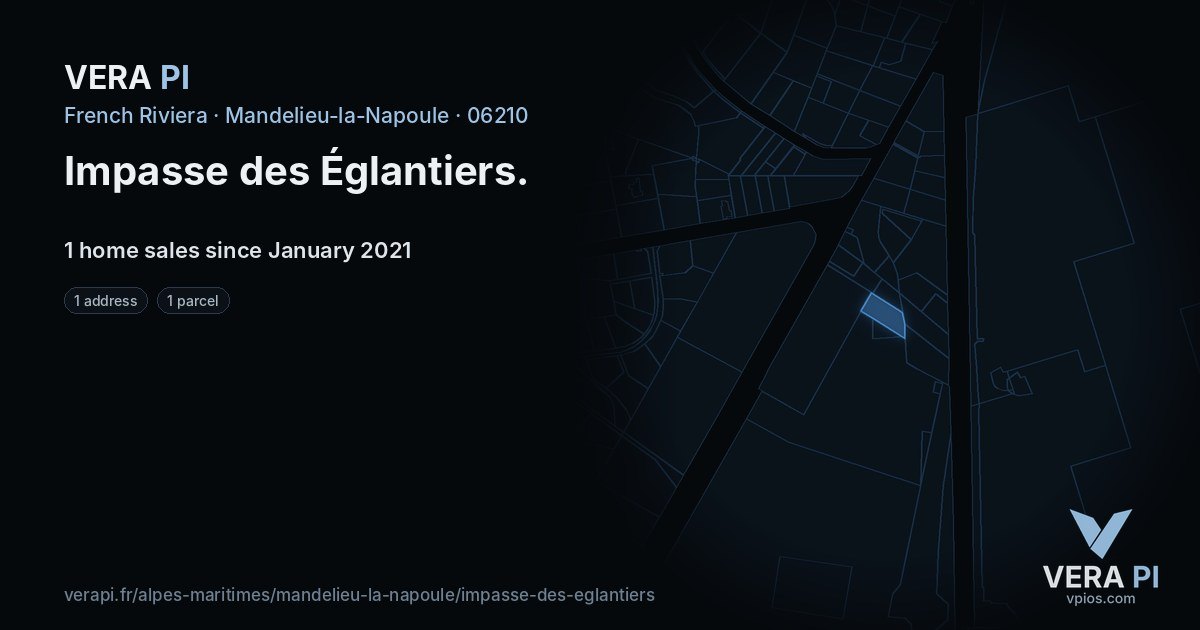 Impasse des Églantiers, Mandelieu-la-Napoule at night – every parcel coloured by the prices around it, the street's own parcels lit