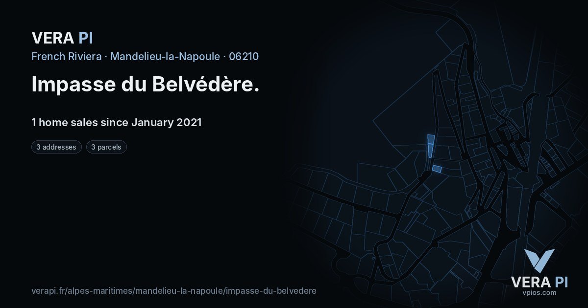 Impasse du Belvédère, Mandelieu-la-Napoule at night – every parcel coloured by the prices around it, the street's own parcels lit