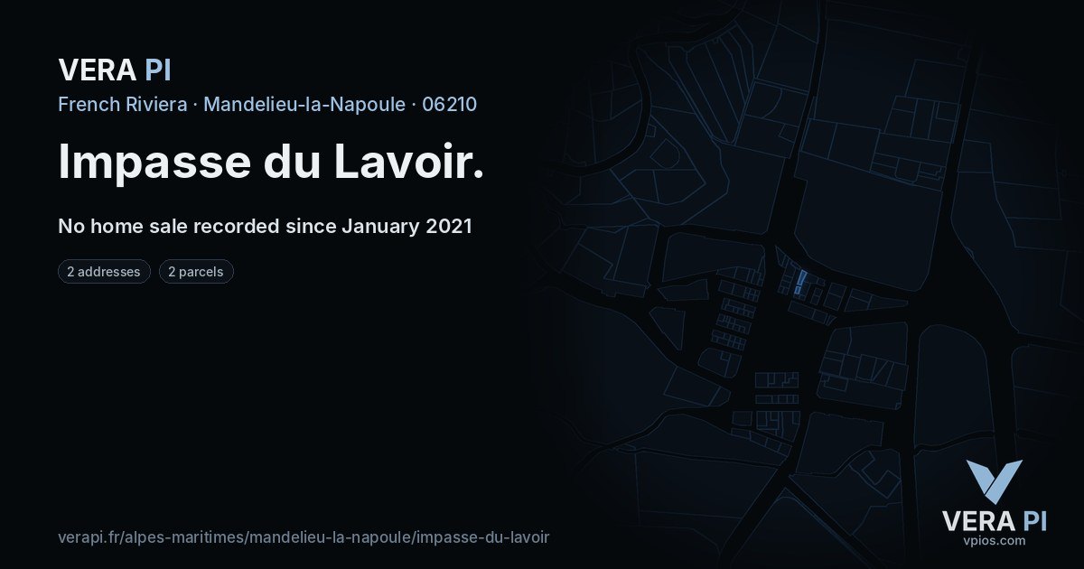 Impasse du Lavoir, Mandelieu-la-Napoule at night – every parcel coloured by the prices around it, the street's own parcels lit