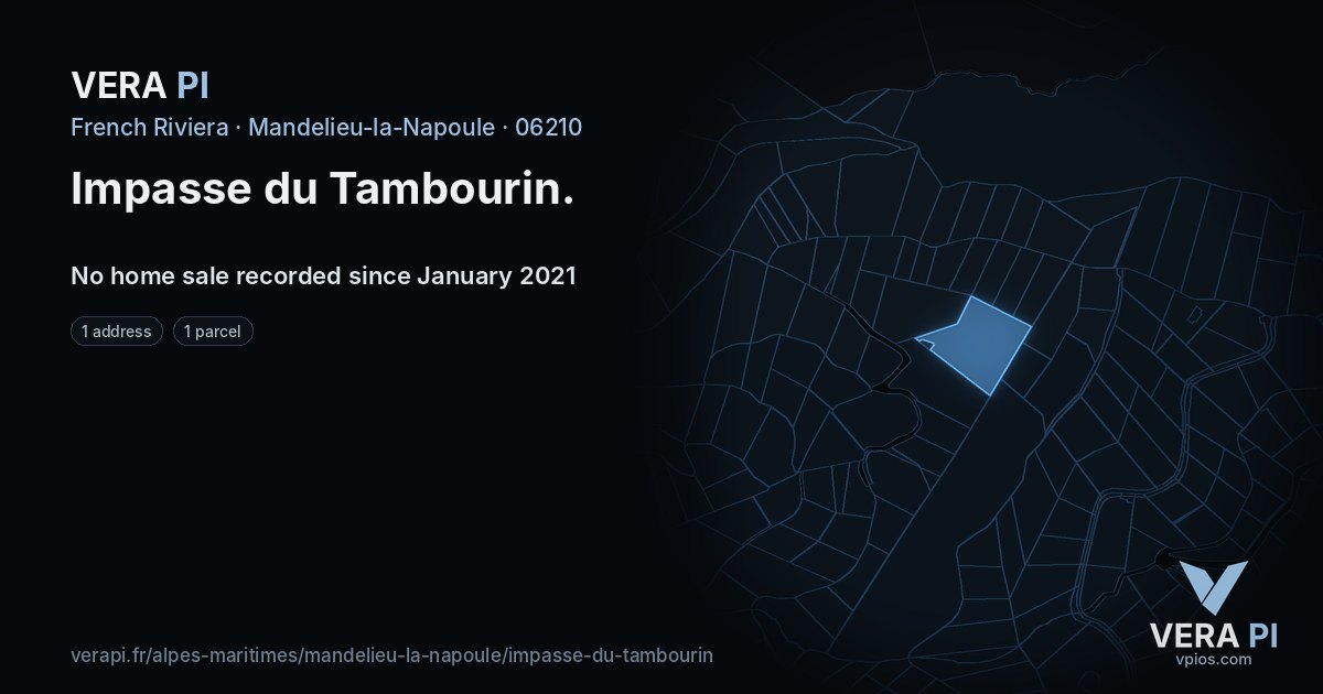 Impasse du Tambourin, Mandelieu-la-Napoule at night – every parcel coloured by the prices around it, the street's own parcels lit