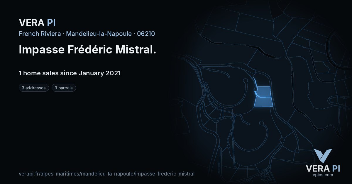 Impasse Frédéric Mistral, Mandelieu-la-Napoule at night – every parcel coloured by the prices around it, the street's own parcels lit