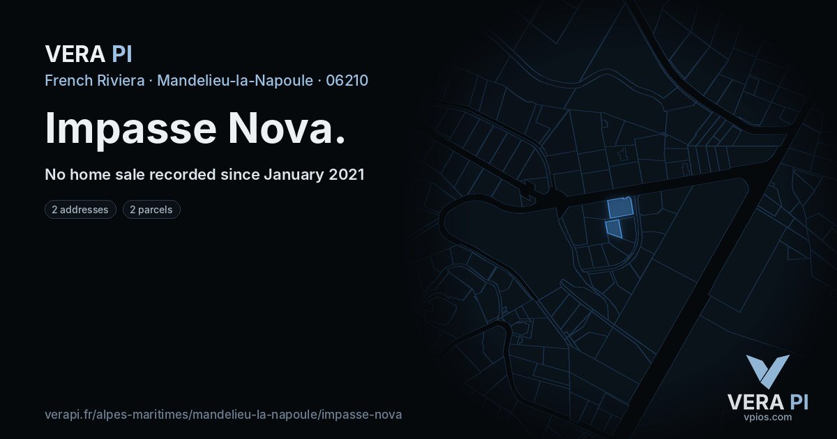 Impasse Nova, Mandelieu-la-Napoule at night – every parcel coloured by the prices around it, the street's own parcels lit