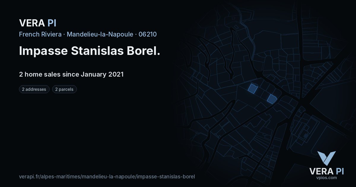 Impasse Stanislas Borel, Mandelieu-la-Napoule at night – every parcel coloured by the prices around it, the street's own parcels lit