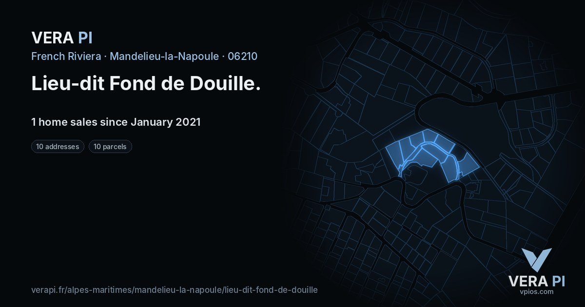 Lieu-dit Fond de Douille, Mandelieu-la-Napoule at night – every parcel coloured by the prices around it, the street's own parcels lit