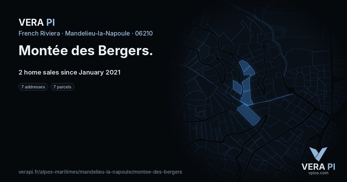 Montée des Bergers, Mandelieu-la-Napoule at night – every parcel coloured by the prices around it, the street's own parcels lit