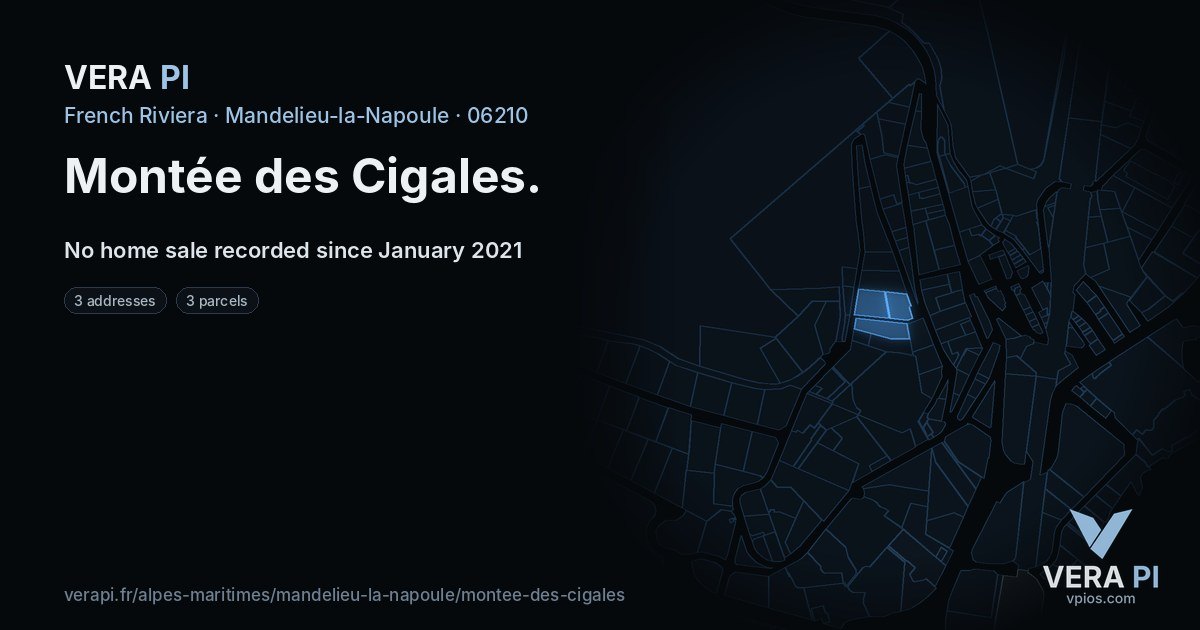 Montée des Cigales, Mandelieu-la-Napoule at night – every parcel coloured by the prices around it, the street's own parcels lit
