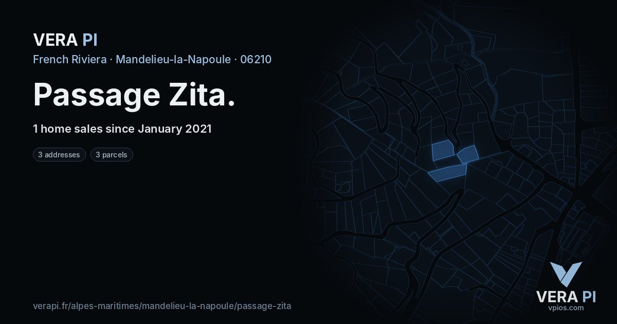 Passage Zita, Mandelieu-la-Napoule at night – every parcel coloured by the prices around it, the street's own parcels lit