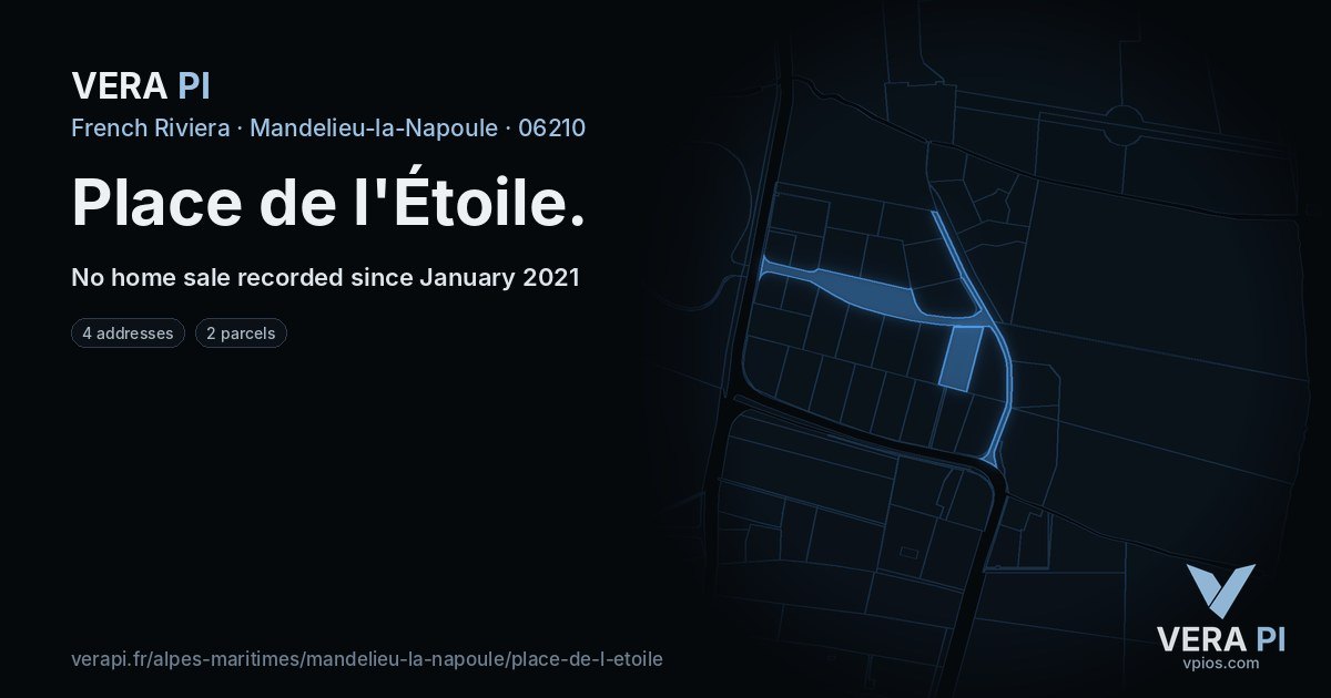 Place de l'Étoile, Mandelieu-la-Napoule at night – every parcel coloured by the prices around it, the street's own parcels lit