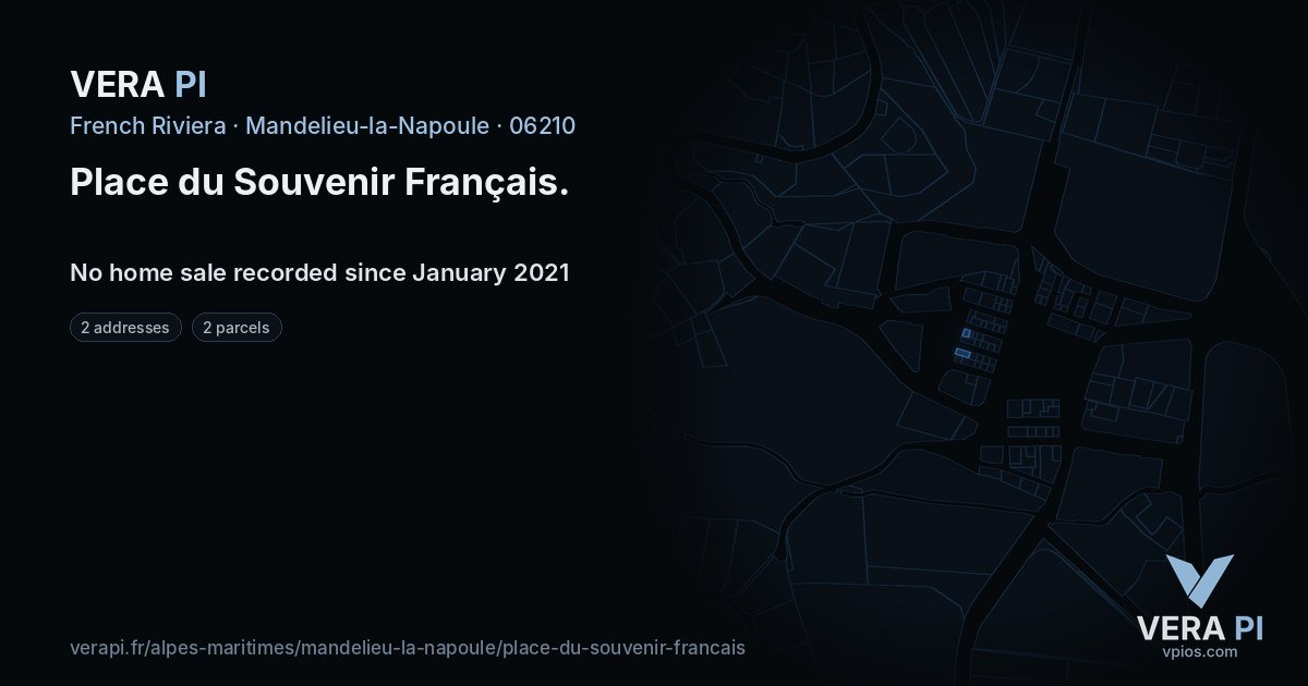 Place du Souvenir Français, Mandelieu-la-Napoule at night – every parcel coloured by the prices around it, the street's own parcels lit