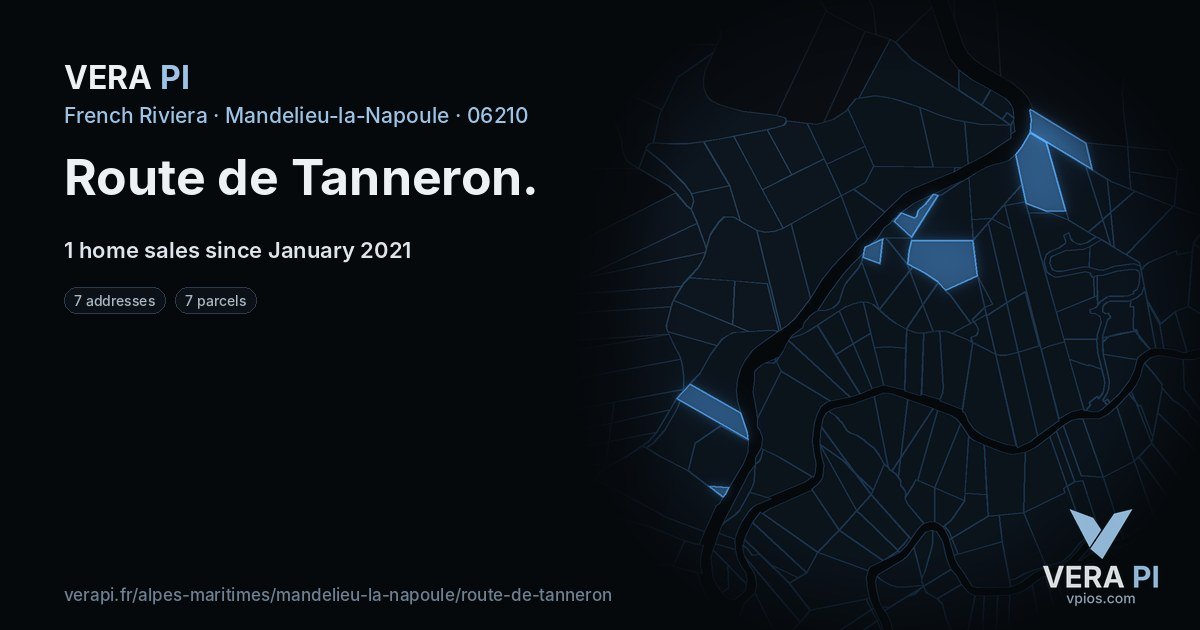 Route de Tanneron, Mandelieu-la-Napoule at night – every parcel coloured by the prices around it, the street's own parcels lit