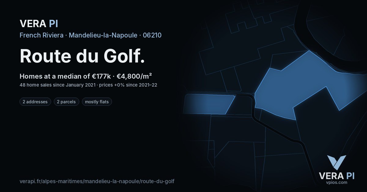 Route du Golf, Mandelieu-la-Napoule at night – every parcel coloured by the prices around it, the street's own parcels lit
