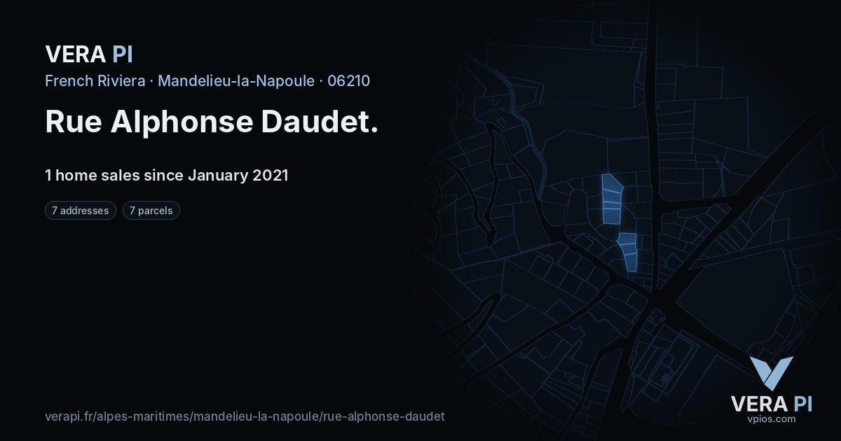 Rue Alphonse Daudet, Mandelieu-la-Napoule at night – every parcel coloured by the prices around it, the street's own parcels lit